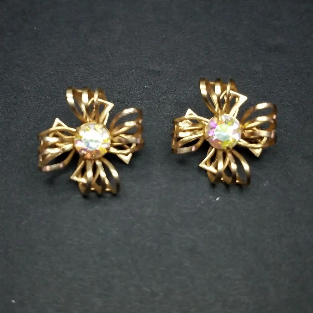 Vintage Gold Tone Opal Aurora Borealis Floral Filigree Matching Lapel Pins